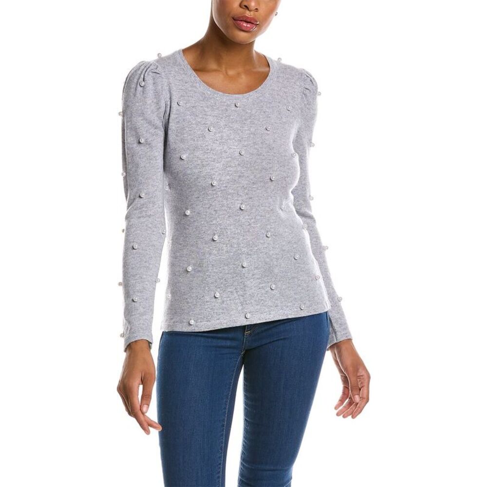Qi Cashmere Womens  Pearl Embellished Wool & Cashmere-Blend Sweater, Grey
